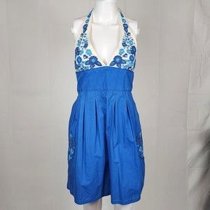 Superdry Blue Embroidered Floral Village Halter Dress Size S NWT